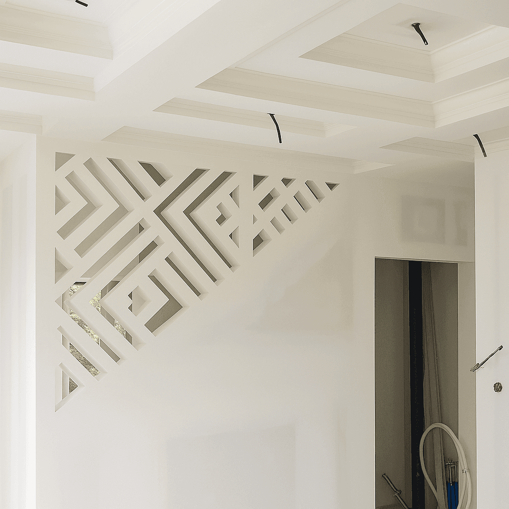 Détail d’un design intérieur en placo sculpté et stucco décoratif – réalisation artisanale Placostuc à Saint-Papoul.