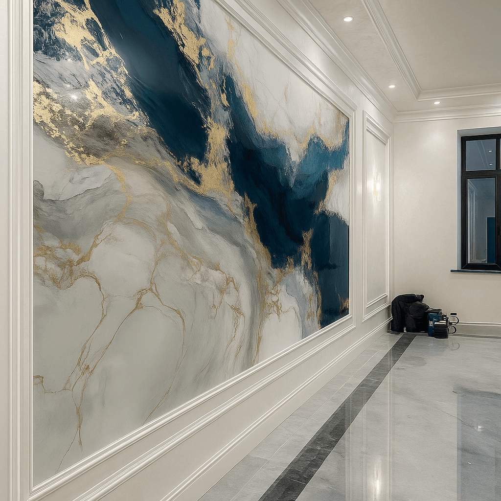 Mur en stucco décoratif avec feuille d’or et reflets bleus réalisé à Saint-Papoul par Placostuc, artisan spécialiste en enduits décoratifs.